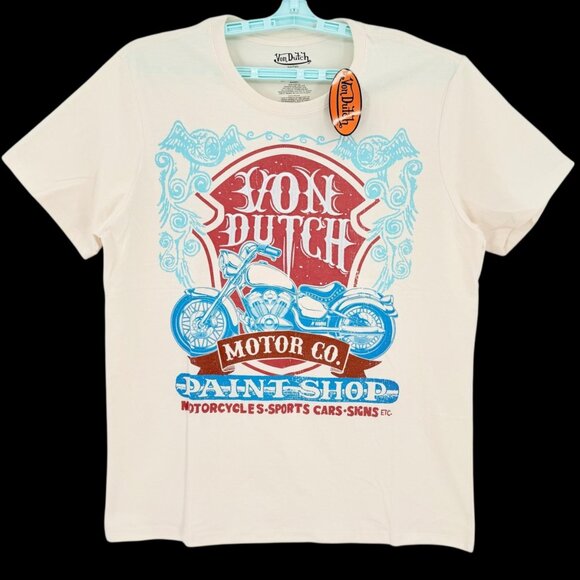 NWT Von Dutch Men's Motor Paint Shop Graphic Cream Short Sleeve T-shirt Size M - Picture 1 of 10